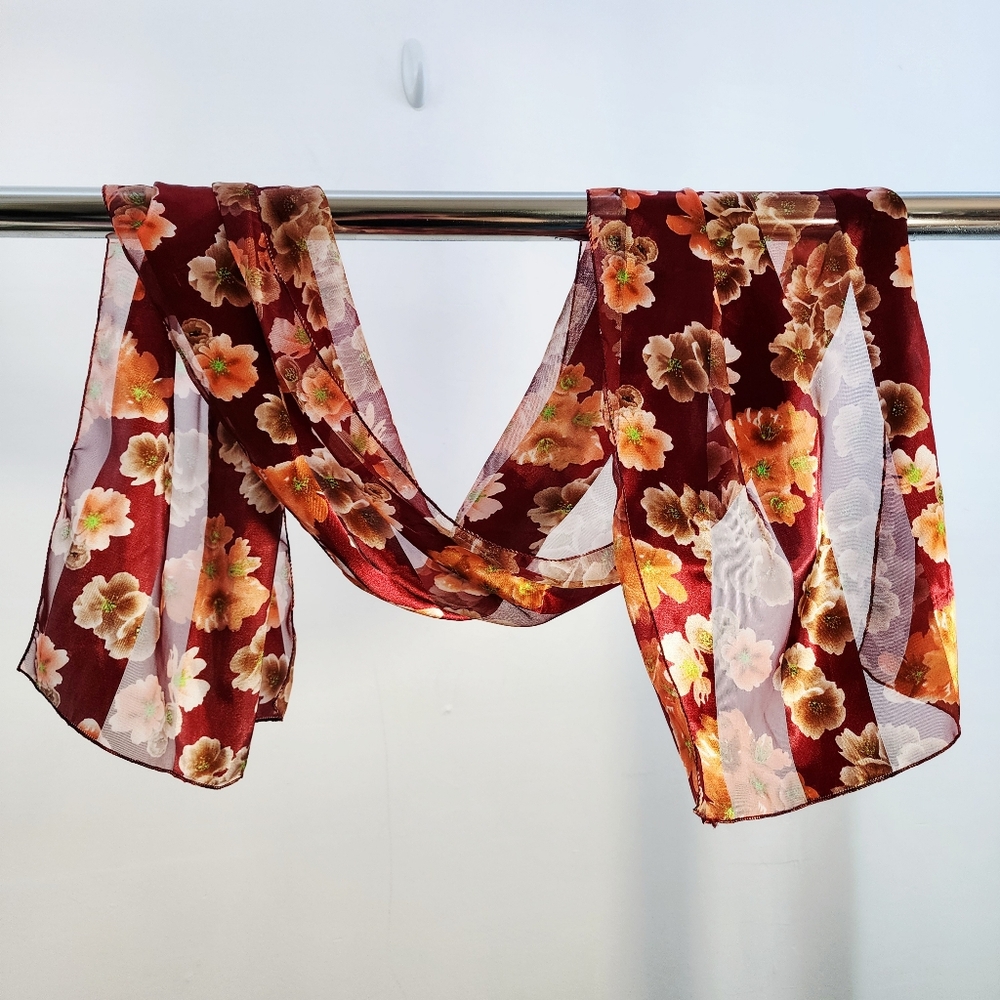 Floral Silk Sheer Scarf - Red and Orange